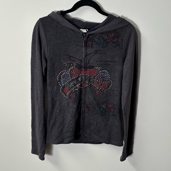 Lia Lee Tops - Y2K LIA LEE women's grey emo grunge rhinestone graphic sweater, L.